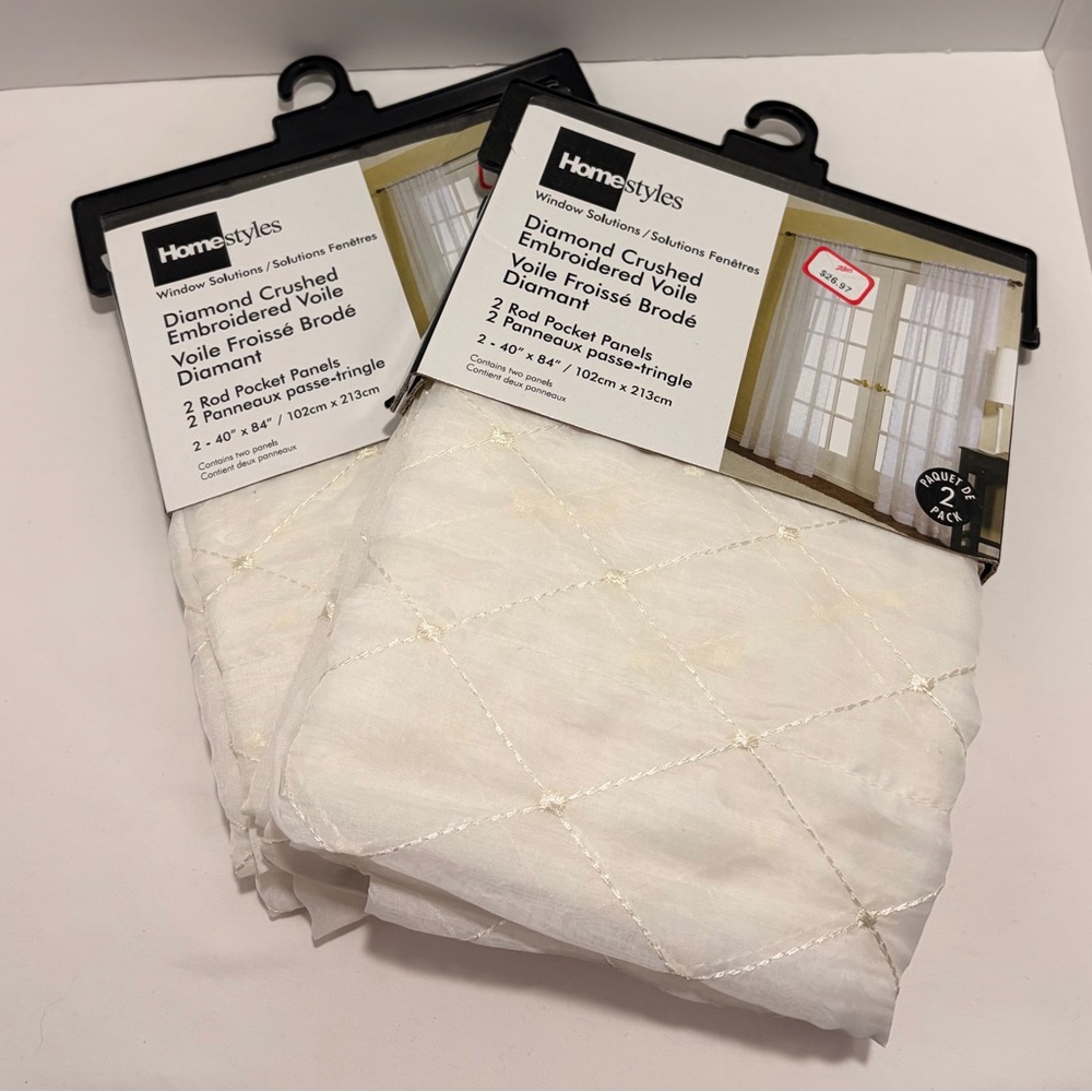 White Diamond Crushed Embroidered Voile Curtain Panels - 2 Panels 2 Sets NEW